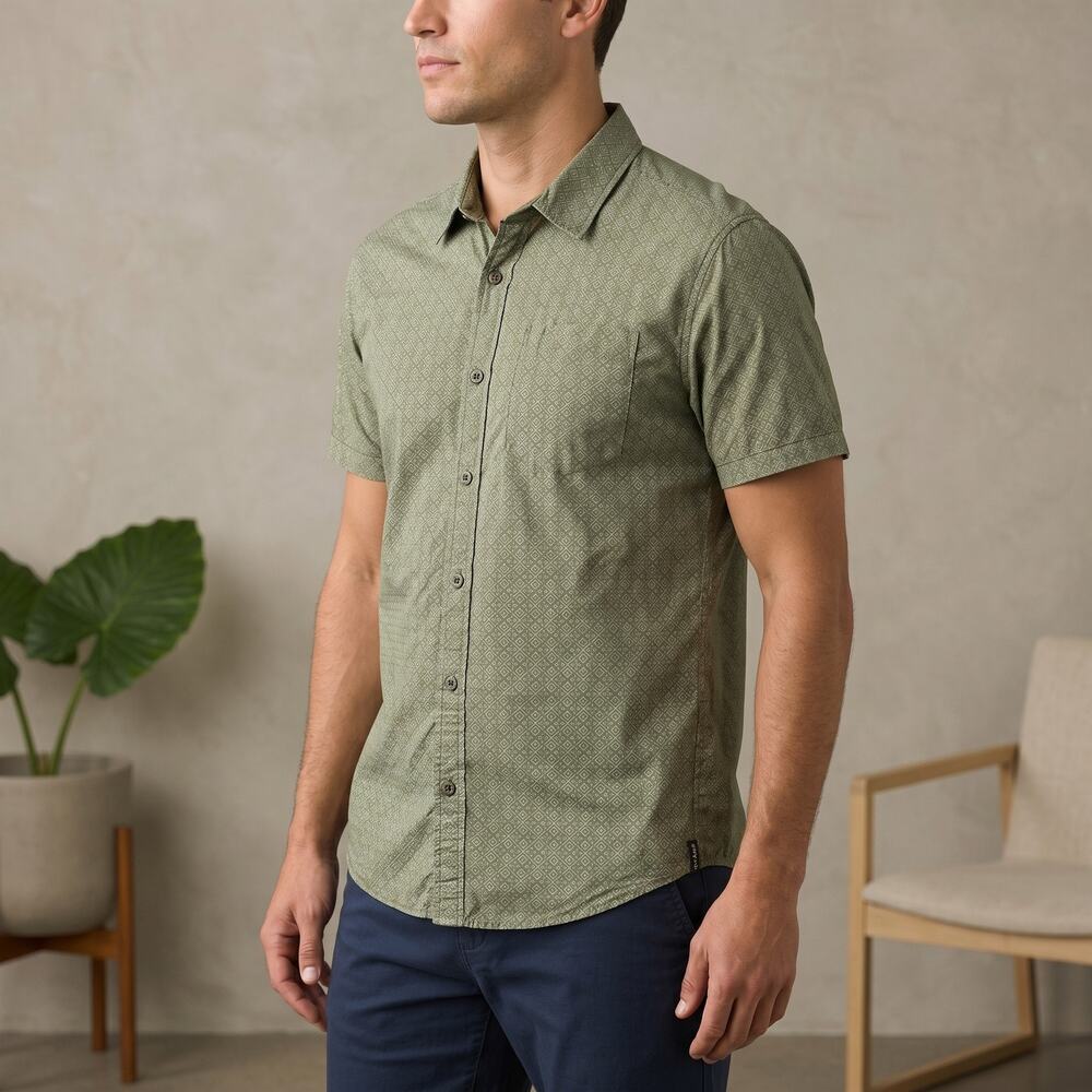 prAna Men's Slim Fit Shirt Organic Cotton Geometric Green Boho Hiking Medium